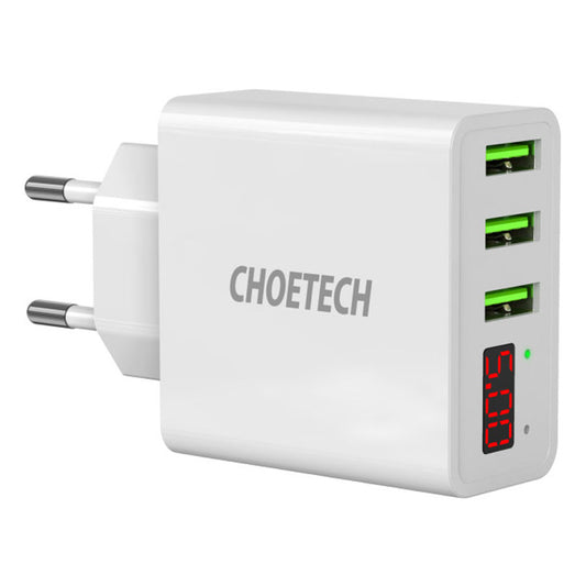Choetech 15W 3-Port USB-A Vægoplader m. Display, Hvid