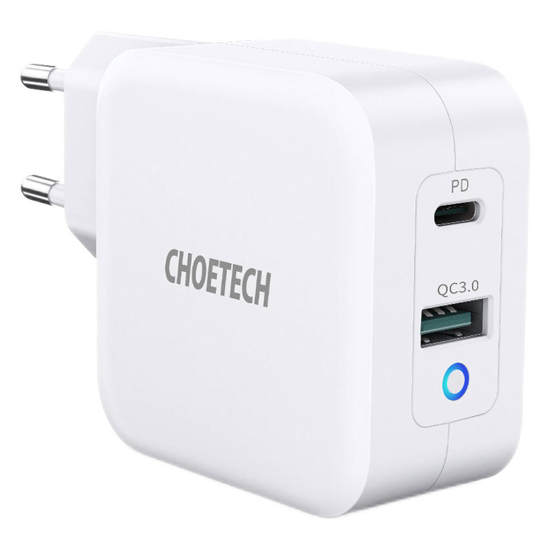 Choetech 65W GaN USB-C PD + USB-A QC 3.0 Vægoplader, Hvid